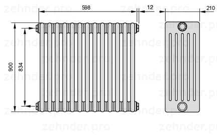Схема (чертеж) Радиатор Zehnder Charleston 6090/13 №1270 Белый глянцевый RAL 9016
